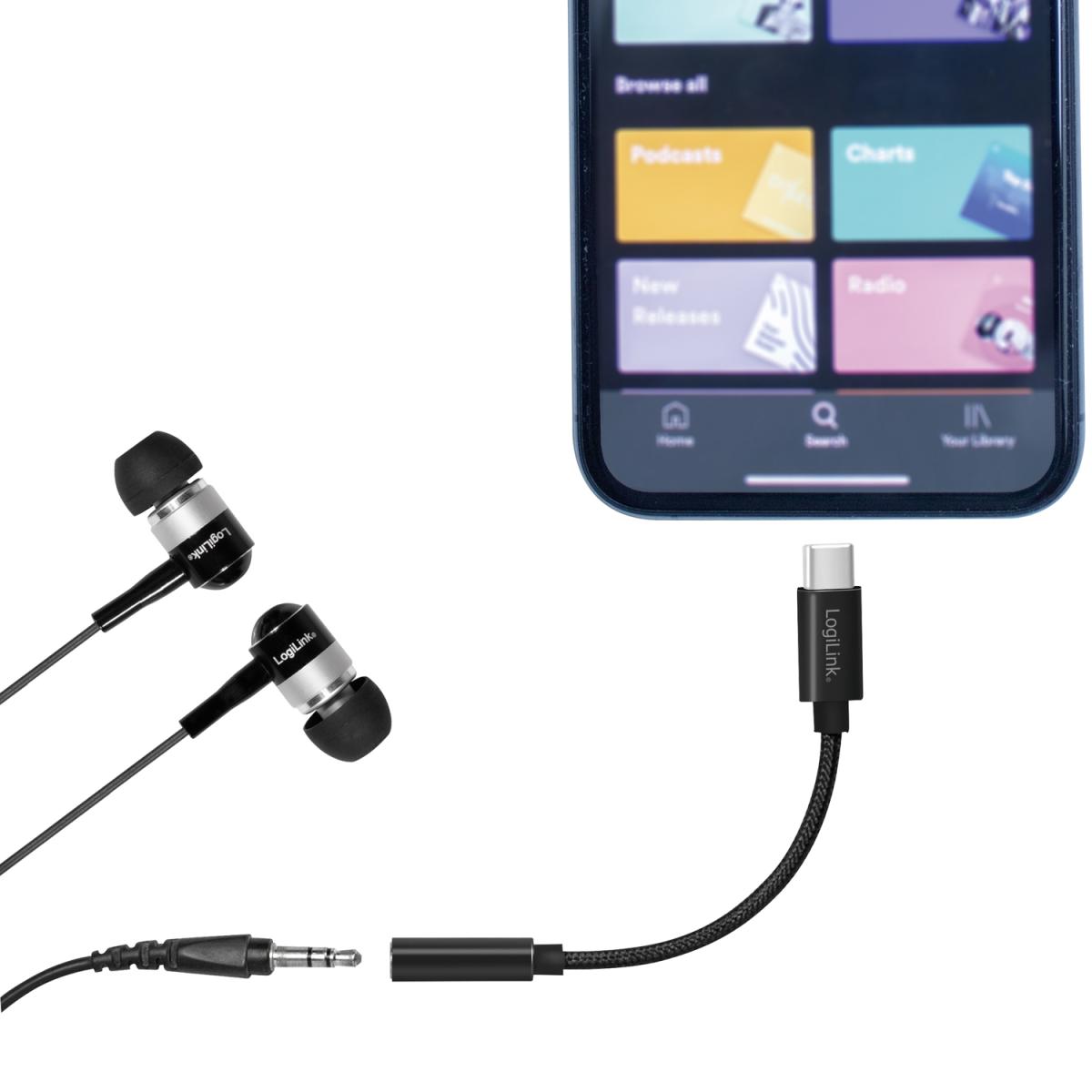 LogiLink LOGILINK USB-C 3.5mm-ljudadapter m DAC 13cm nylonkabel