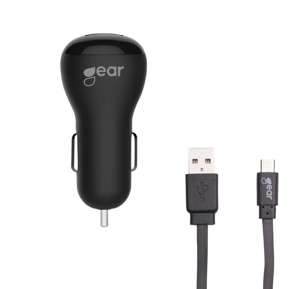 GEAR GEAR Laddare 12-24V 2xUSB 2.4A Svart MicroUSB Kabel platt 1m