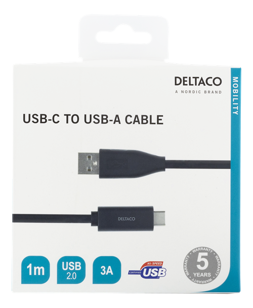 UTGATT1 DELTACO USB-C till USB-A kabel, 1m, USB 2.0