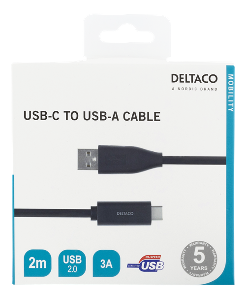 Deltaco DELTACO USB-C till USB-A kabel, 2m, USB 2.0