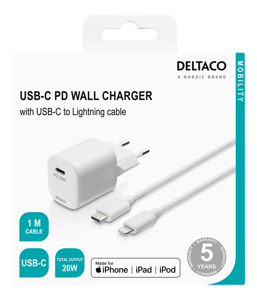UTGATT1 DELTACO - USB-C väggladdare med PD 18 W