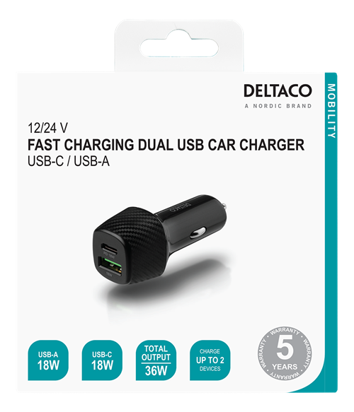UTGATT1 DELTACO USB-billaddare med dubbla USB-portar och snabbladdning