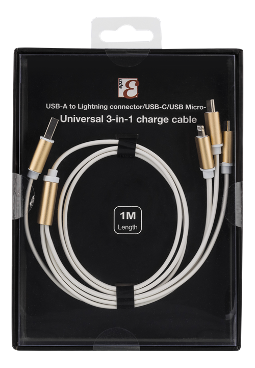 UTGATT1 EPZI 3in1 Multiladdare, USB-C, Lightning, microUSB, USB-A, 1m, vit