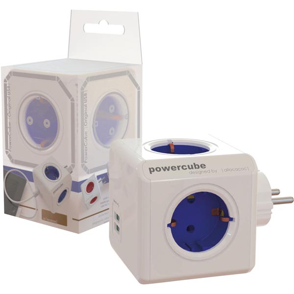 UTGATT Allocacoc PowerCube grenuttag med 4xCEE 7/4-uttag 2xUSB - Vit/Blå