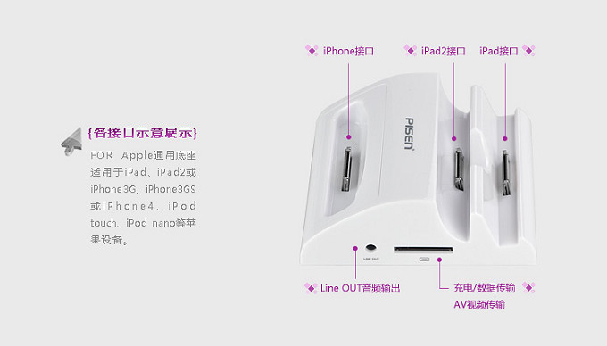 Pisen Pisen 3-in-1 Dockningsstation for iPhone 4/4S iPod iPad