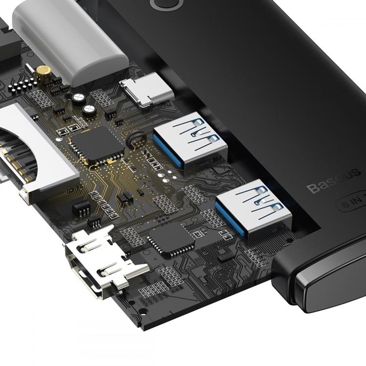 BASEUS Baseus Lite Series 6-Port HUB Adapter USB-C - Svart