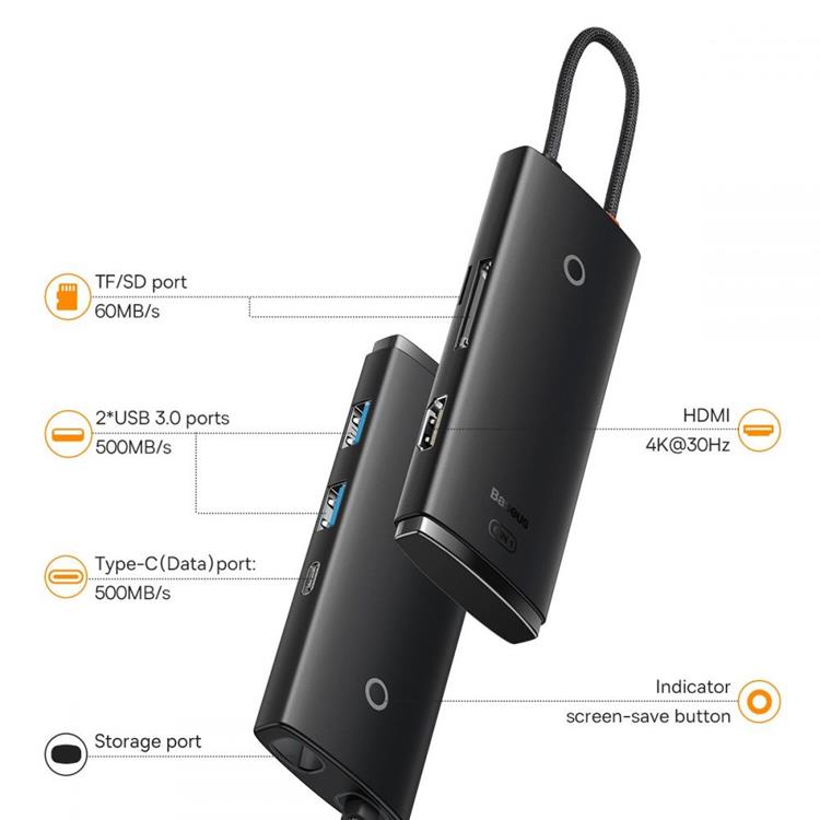 BASEUS Baseus Lite Series 6-Port HUB Adapter USB-C - Svart