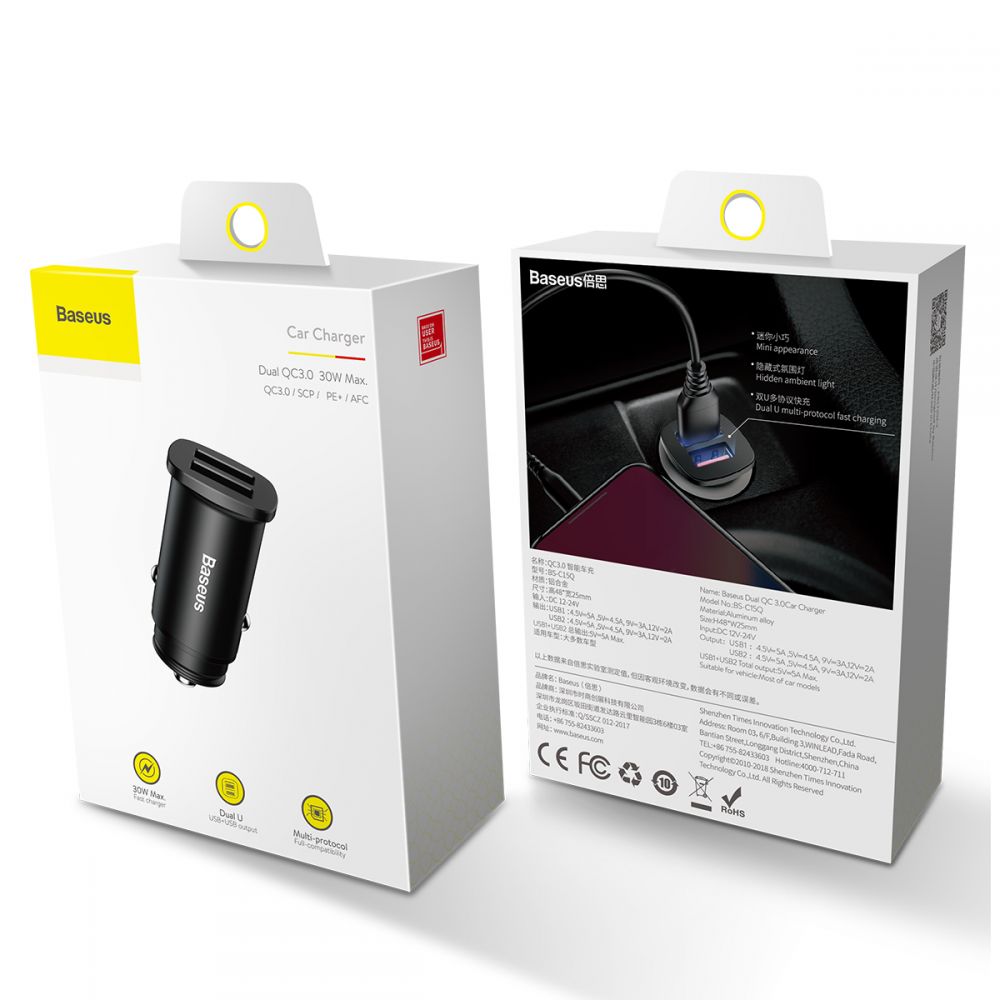 BASEUS Baseus Mini Qc3.0 2-Port Usb Bil Laddare Svart