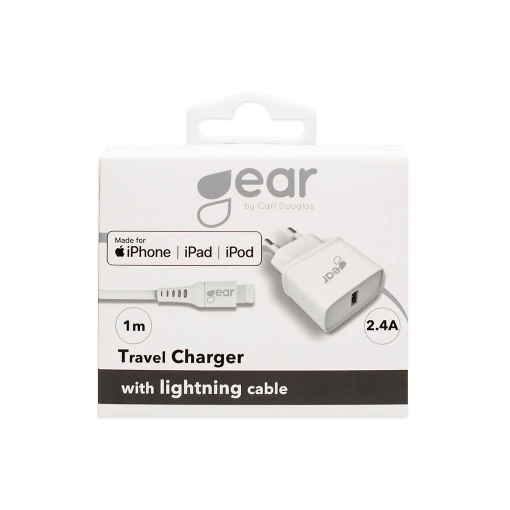 GEAR GEAR - Laddare 220V 1xUSB 2.4A Vit Lightning Kabel 1m MFI C89