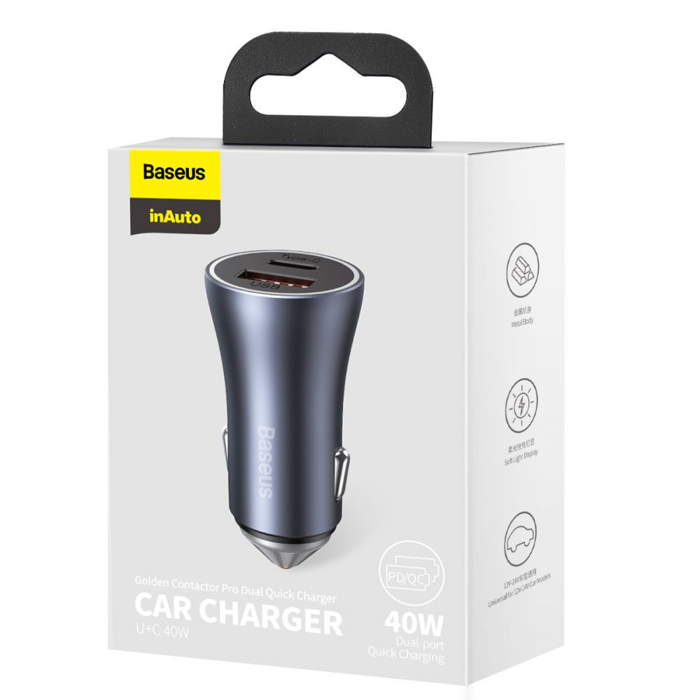 BASEUS Baseus Golden 2-Port Bil Laddare Usb & USB-C 40w - Grå