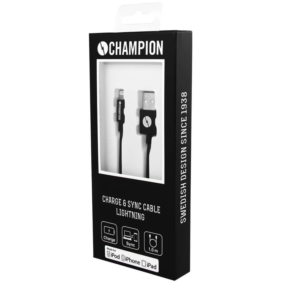 Champion Champion Ladd&Synk kabel Lightning 1m Svart