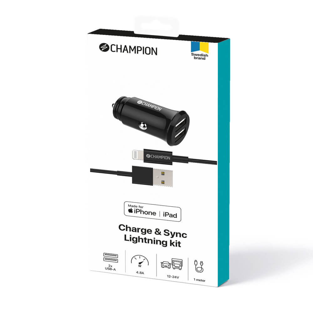 Champion Champion billaddare Kit med USB-A till Lightning kabel Svart