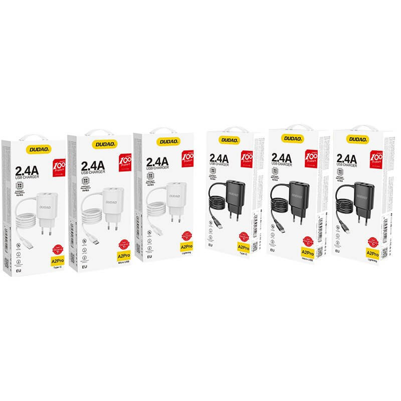 Dudao Dudao 2x USB Väggladdare med built-in lightning 12 W Kabel Svart