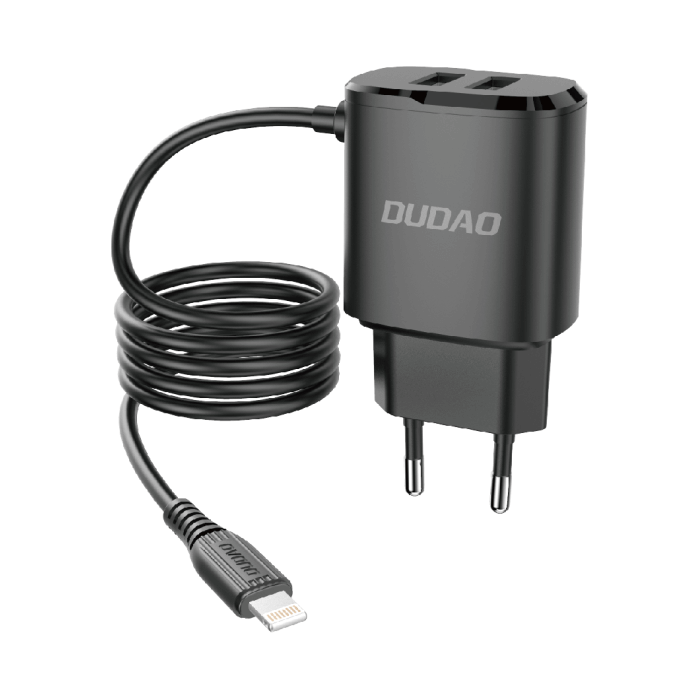 Dudao Dudao 2x USB Väggladdare med built-in lightning 12 W Kabel Svart
