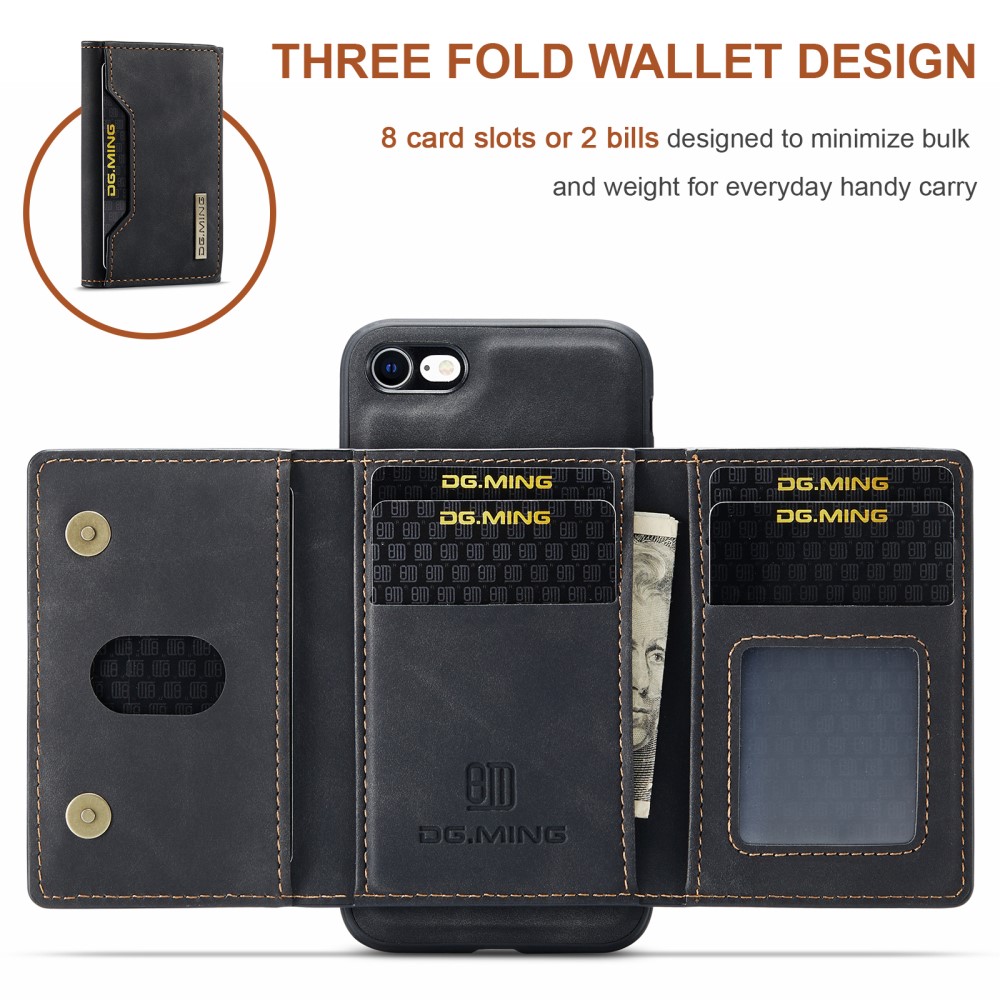 DG.MING iPhone 7/8/SE 2020 Skal DG.MING Magnetic Tri-fold Wallet Med Kickstand - Svart