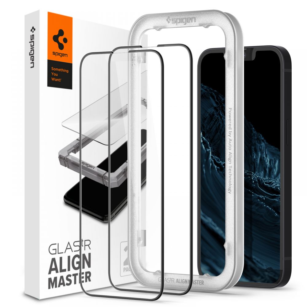 Spigen Spigen Alm iPhone 14/13/13 Pro/16e Härdat Glas Skärmskydd (2 Pack) Svart