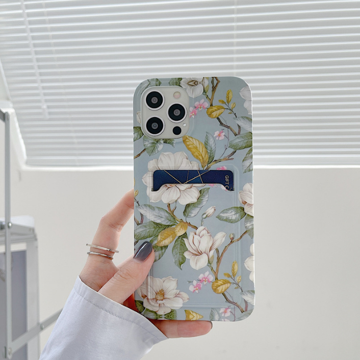 OEM iPhone 13 Pro Skal med Kortfack - Grön Flowers