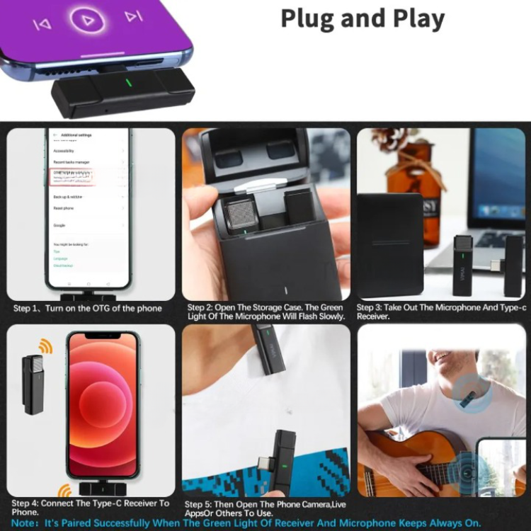 Lavalier Lavalier Lightning Trådlös Mini 2.4GHz Mikrofoner - Svart