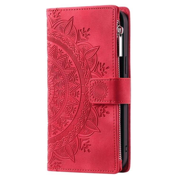 OEM iPhone 15 Plus Plånboksfodral Mandala Flower Imprinted - Röd