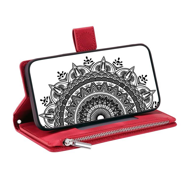 OEM iPhone 15 Plus Plånboksfodral Mandala Flower Imprinted - Röd