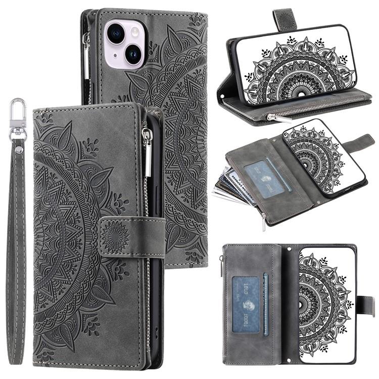 OEM iPhone 15 Plus Plånboksfodral Mandala Flower Imprinted - Grå