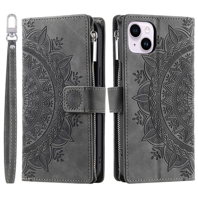 OEM iPhone 15 Plus Plånboksfodral Mandala Flower Imprinted - Grå