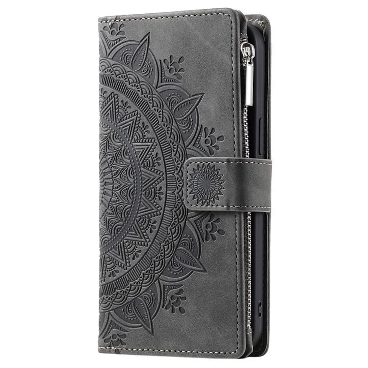 OEM iPhone 15 Plus Plånboksfodral Mandala Flower Imprinted - Grå