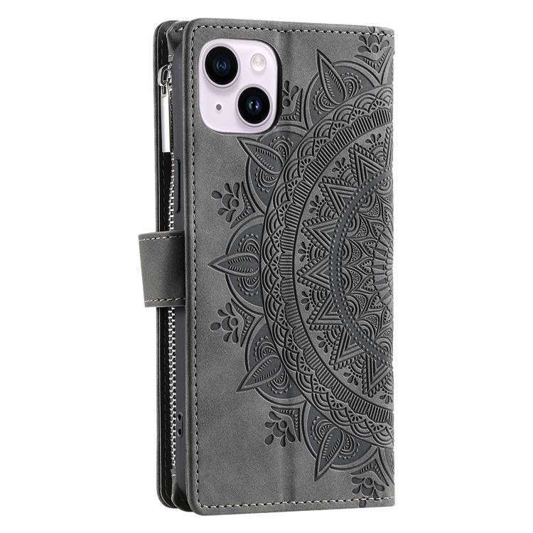 OEM iPhone 15 Plus Plånboksfodral Mandala Flower Imprinted - Grå