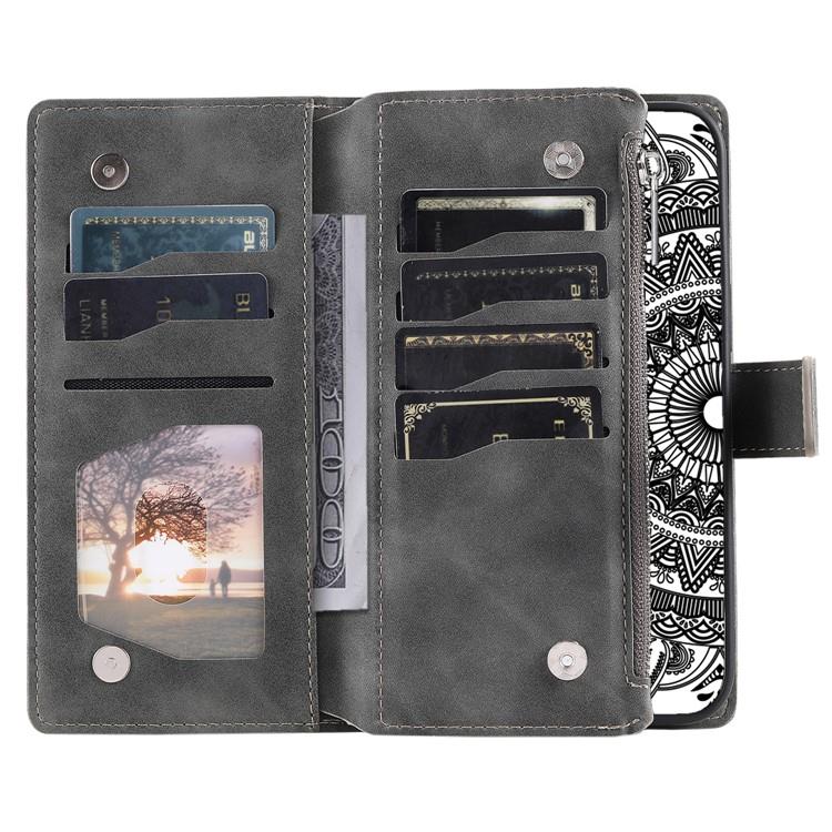 OEM iPhone 15 Plus Plånboksfodral Mandala Flower Imprinted - Grå