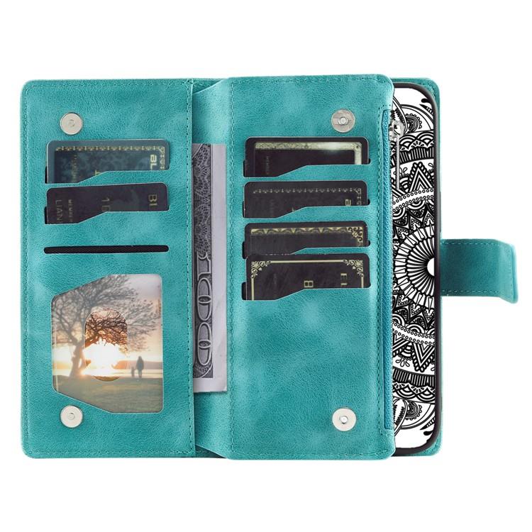 A-One Brand iPhone 15 Plus Plånboksfodral Mandala Flower Imprinted - Turkos