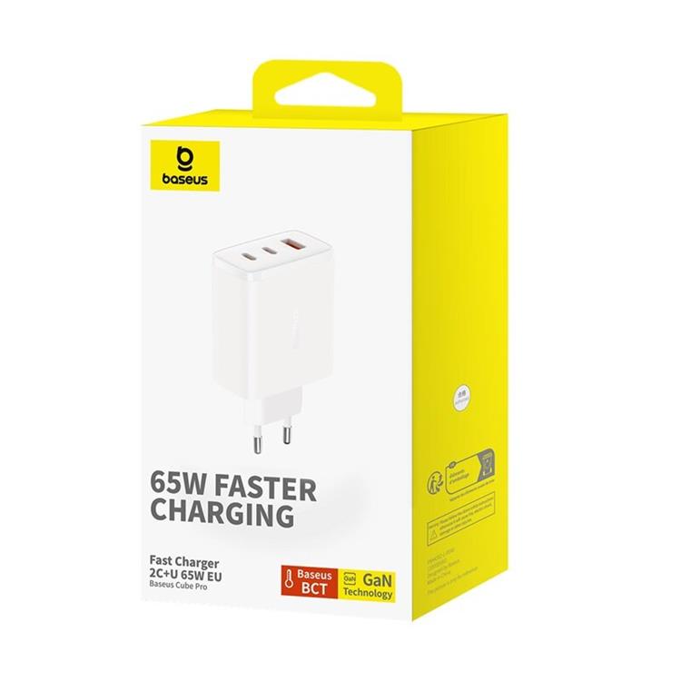 BASEUS Baseus GaN Väggladdare 2x USB-C Till USB-A 65W Cube Pro - Vit