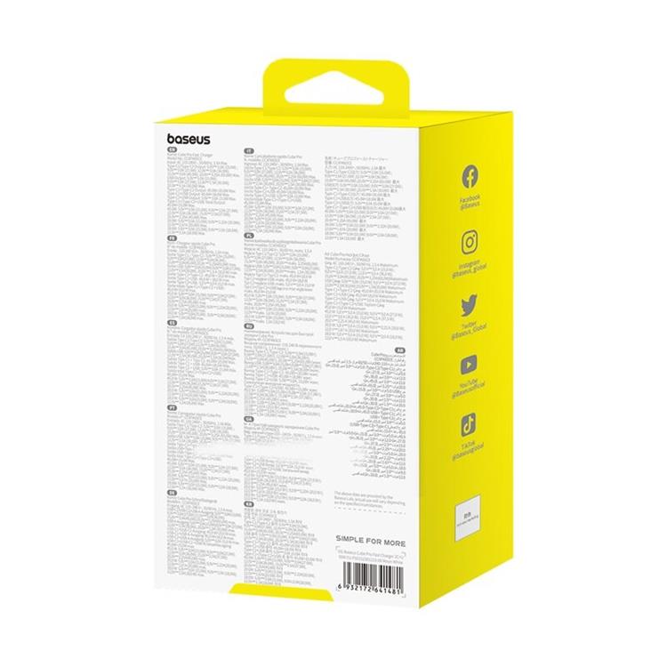 BASEUS Baseus GaN Väggladdare 2x USB-C Till USB-A 65W Cube Pro - Vit