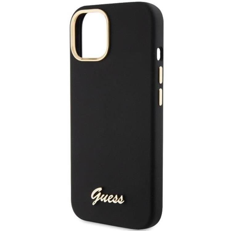 Guess Guess Mobilskal till iPhone 15 Silikon Script Metal Logo Frame