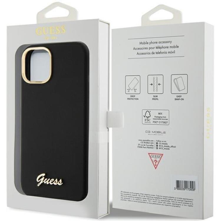 Guess Guess Mobilskal till iPhone 15 Silikon Script Metal Logo Frame