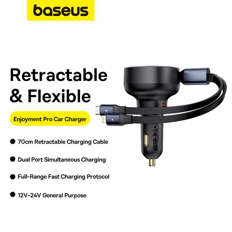 BASEUS Baseus Enjoyment USB-C Billaddare med USB-C/Lightning 60W kabel - Svart