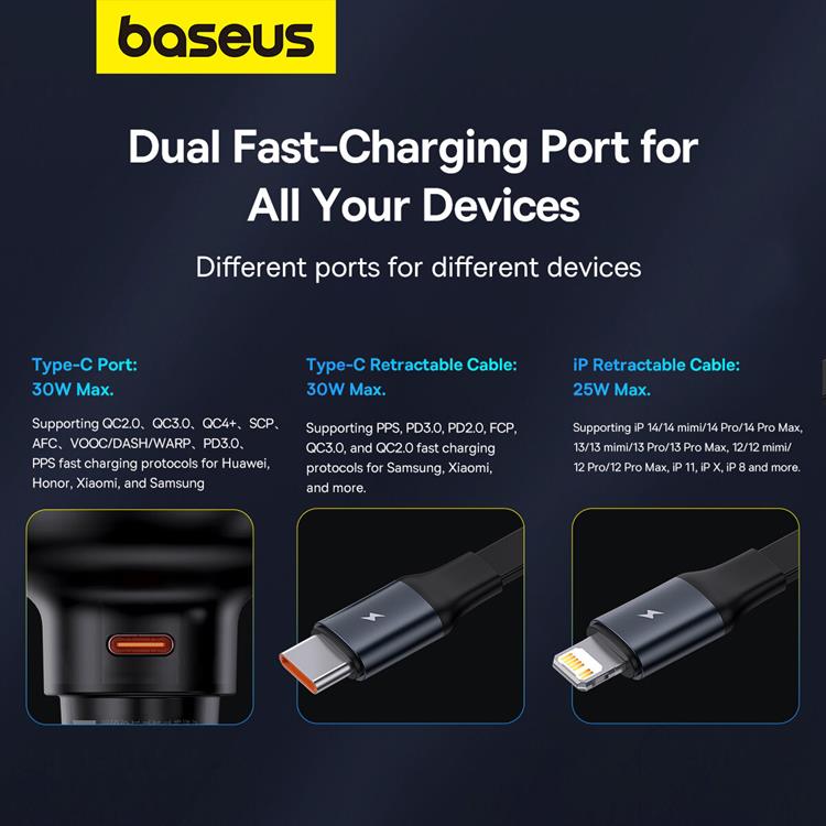 BASEUS Baseus Enjoyment USB-C Billaddare med USB-C/Lightning 60W kabel - Svart