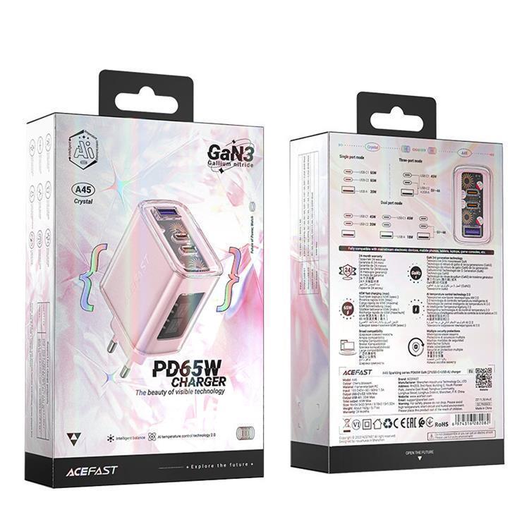 Acefast Acefast GaN Väggladdare A45 65W 2 x USB-C - Rosa