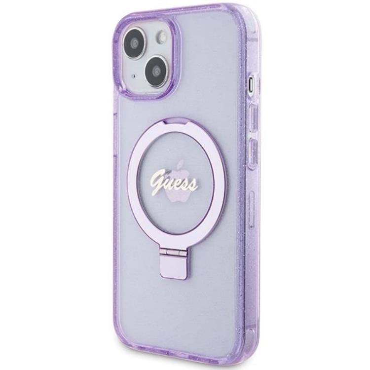 Guess Guess Mobilskal till iPhone 15/14 Plus Magsafe Ringställ Script Glitter - Lila