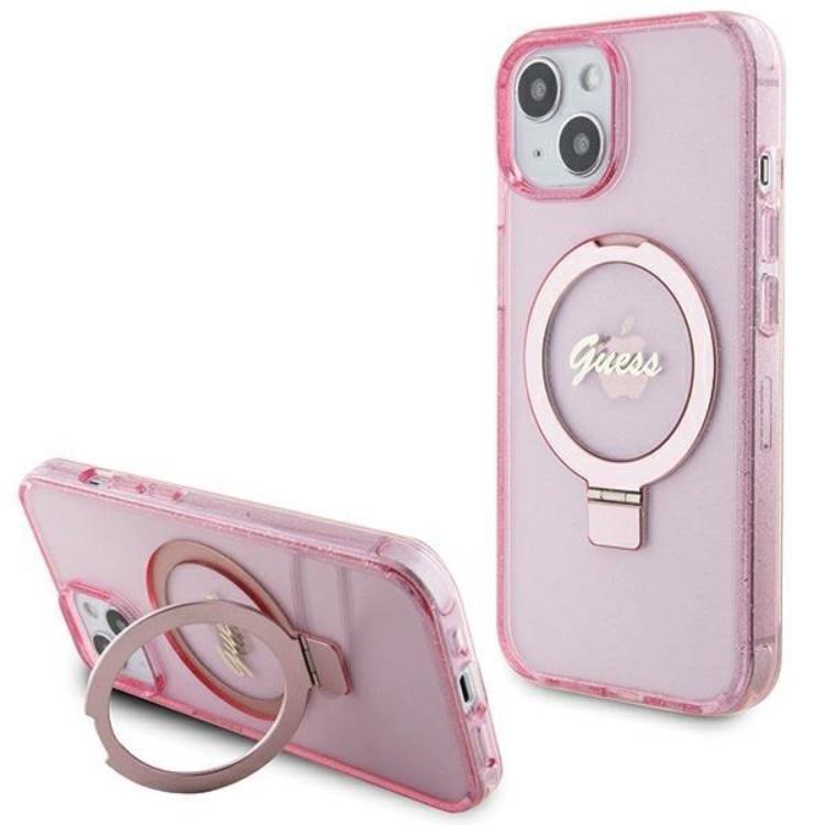 Guess Guess Mobilskal till iPhone 15/14 Plus Magsafe Ringställ Script Glitter - Rosa