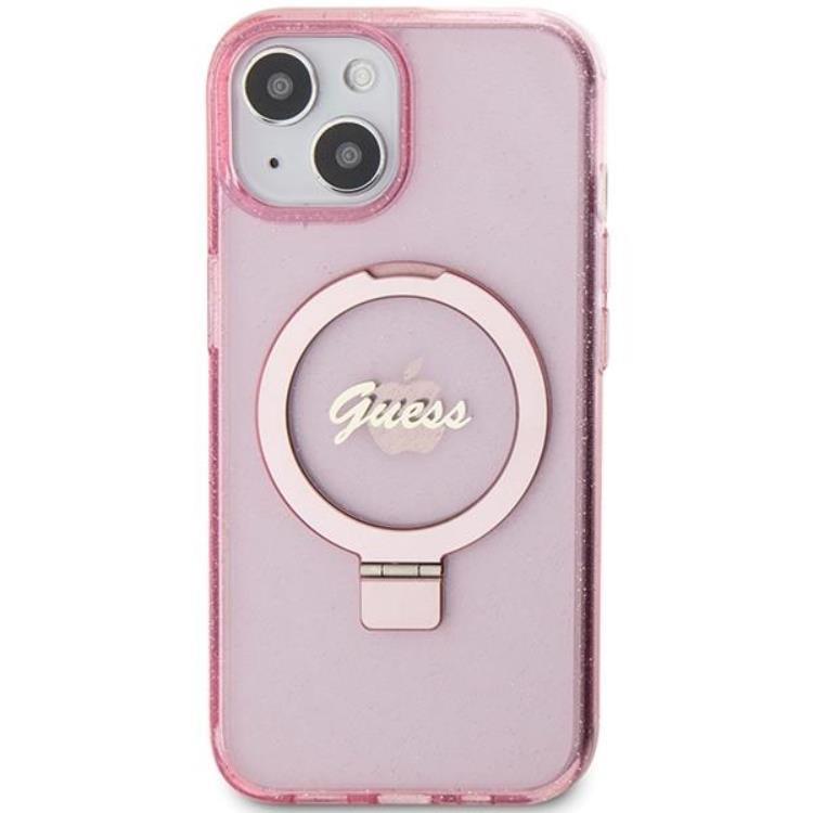 Guess Guess Mobilskal till iPhone 15/14 Plus Magsafe Ringställ Script Glitter - Rosa
