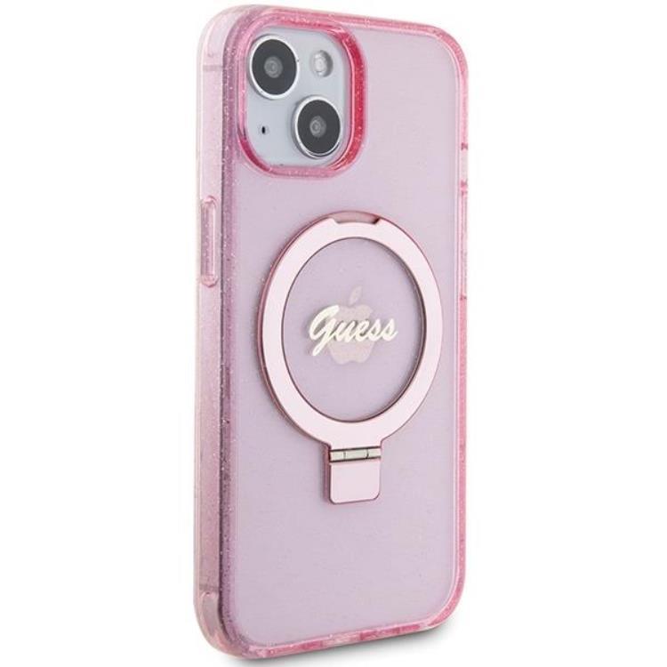 Guess Guess Mobilskal till iPhone 15/14 Plus Magsafe Ringställ Script Glitter - Rosa
