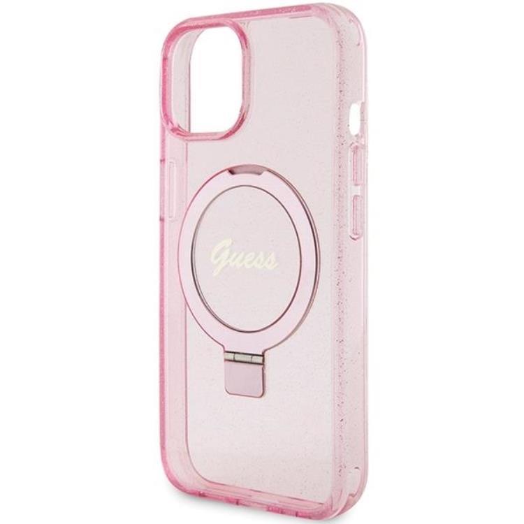 Guess Guess Mobilskal till iPhone 15/14 Plus Magsafe Ringställ Script Glitter - Rosa