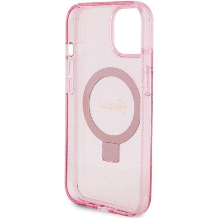 Guess Guess Mobilskal till iPhone 15/14 Plus Magsafe Ringställ Script Glitter - Rosa