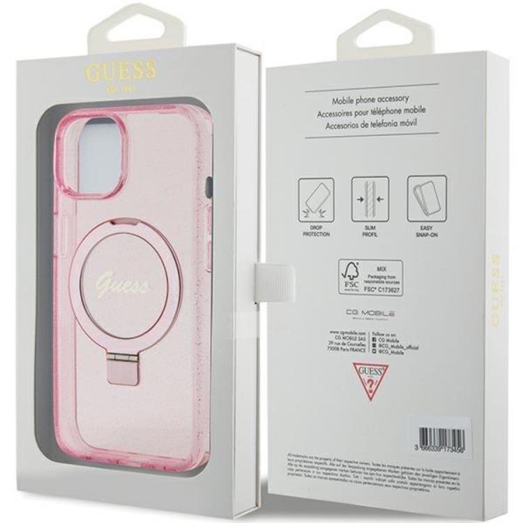 Guess Guess Mobilskal till iPhone 15/14 Plus Magsafe Ringställ Script Glitter - Rosa