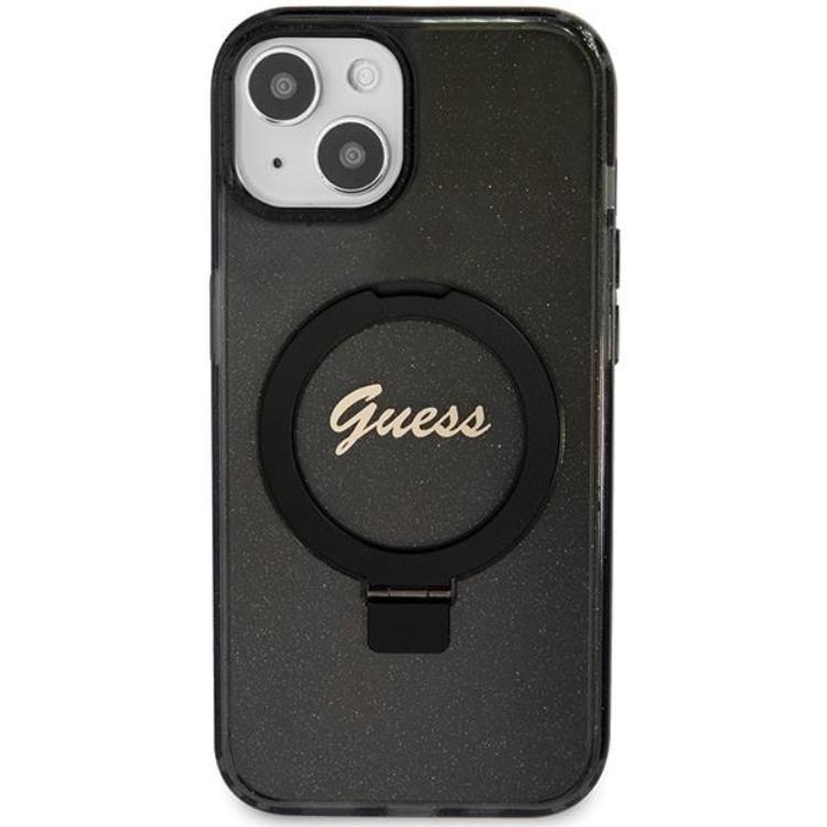 Guess Guess Mobilskal till iPhone 15/14 Plus Magsafe Ringställ Script Glitter - Svart