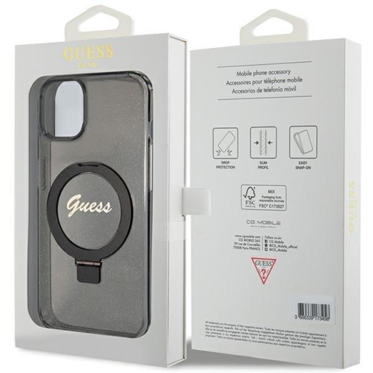 Guess Guess Mobilskal till iPhone 15/14 Plus Magsafe Ringställ Script Glitter - Svart