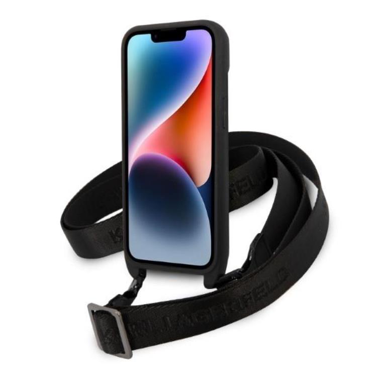 KARL LAGERFELD Karl Lagerfeld iPhone 14 Plus Skal med halsband Plaque Logo Strap - Svart