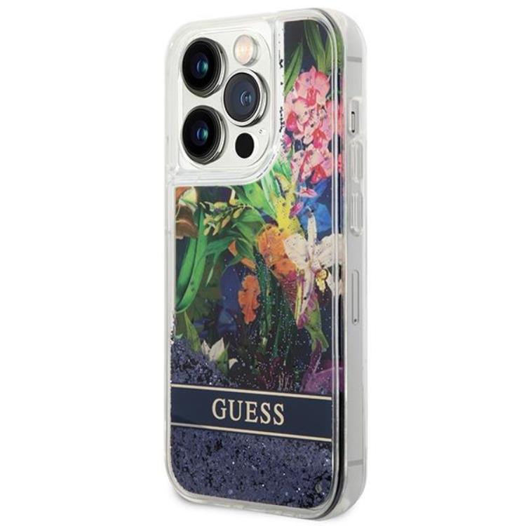 Guess GUESS iPhone 14 Pro Max Skal Flower Liquid Glitter - Blå