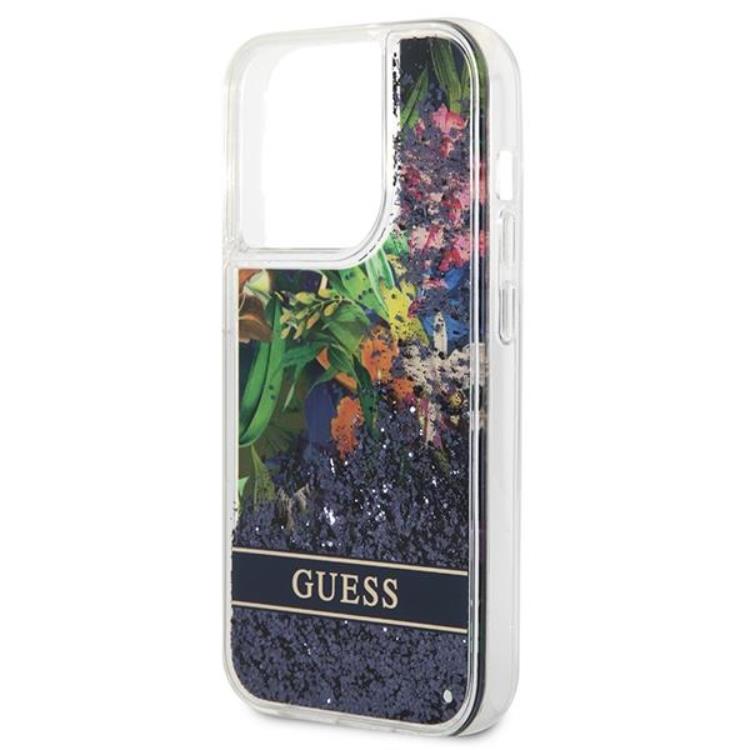 Guess GUESS iPhone 14 Pro Max Skal Flower Liquid Glitter - Blå