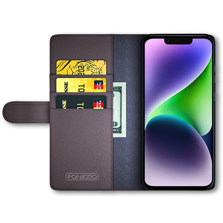 OEM iPhone 15 Plus Plånboksfodral Äkta Läder Anti-Dust - Brun